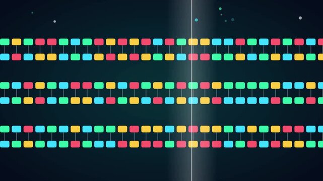 Colorful pixelated DNA strands rotating continuously inside virtual laboratory display motion footage clip