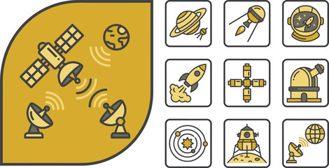 Satellite and ground station icon set with planet, rocket, observatory and lander, vector icon set isolated on white © sugeng prayitno