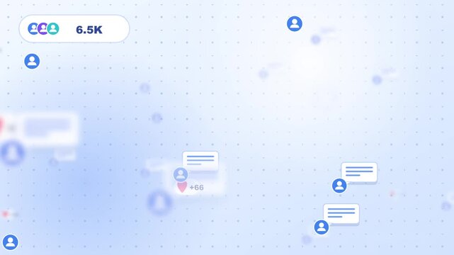 Floating social media icons and growing counters moving across blue digital technology background motion video