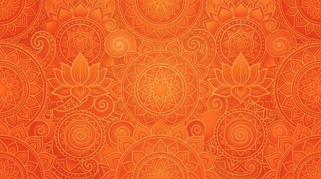 Orange mandala pattern background, ornate lotus floral vector illustration, ethnic Indian decorative wallpaper, traditional spiritual design for textile print