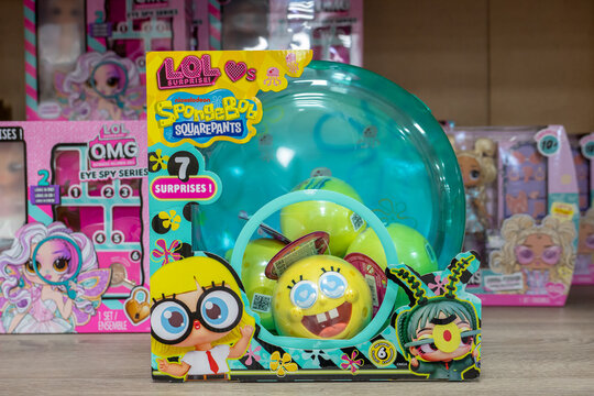 L.O.L. Surprise Loves SpongeBob SquarePants toy set with seven surprises displayed on store shelf, close up with blurred background. Kaliningrad, Kaliningrad Region, Russia. October 7, 2026