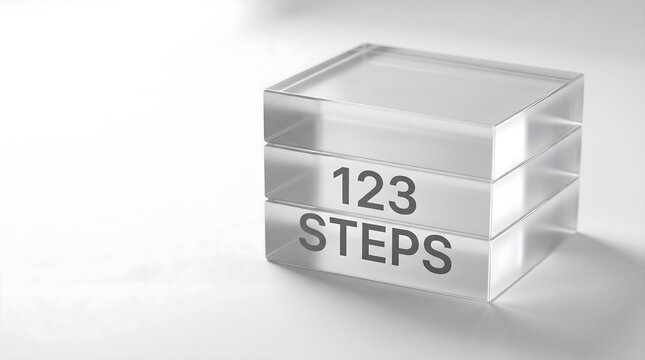 Clear glass blocks arranged in a stack showing 123 steps for business growth, strategy, and planning process.