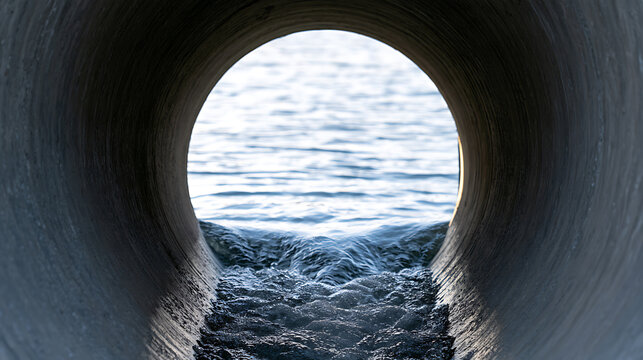 View from inside a large concrete drainage pipe looking out toward rippling water and bright daylight, showcasing urban infrastructure design