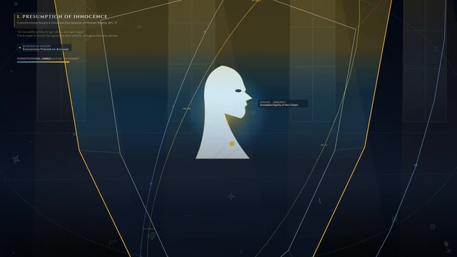 Educational animation of the legal principle of presumption of innocence featuring material truth evidentiary chain statutory proof and constitutional justice