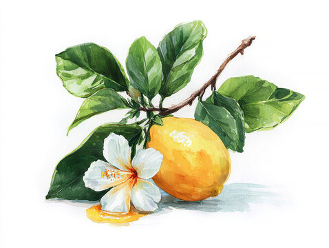 Yellow lemon, hibiscus flowers, leaves, organic shape, simple background, vibrant still life, triangular arrangement, rich naturalistic colors, yellow, green, white petals, realism, att - AI-Generated