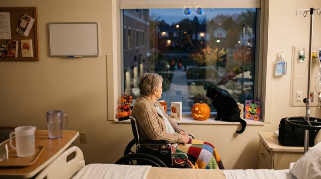 Hospital patient in wheelchair gazing through a window 