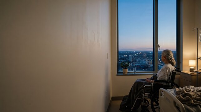 Hospital patient in wheelchair gazing through a window 