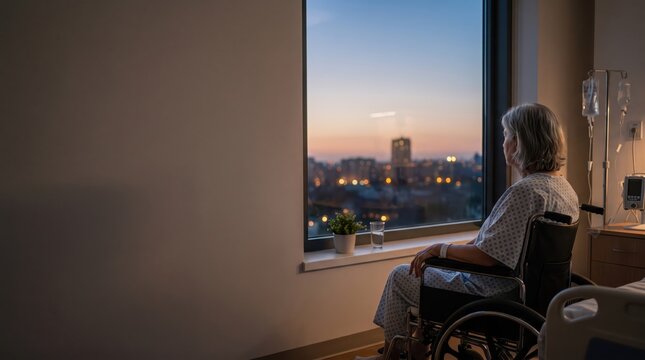 Hospital patient in wheelchair gazing through a window 