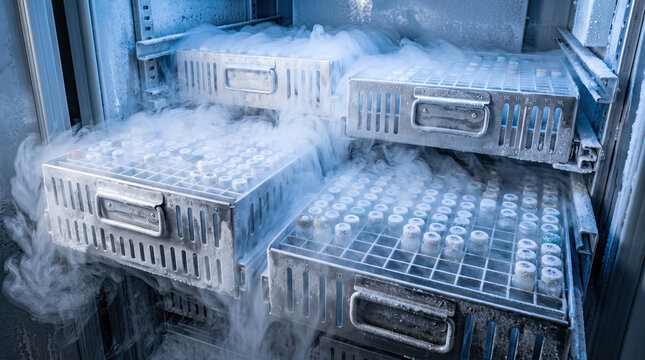 Cryogenic freezer drawers with frosted vial racks and cold vapor