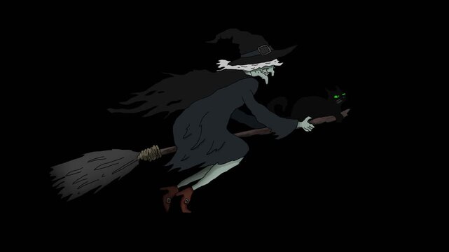 A hand‑drawn witch on the theme of Halloween flying on a broom. looped animation. 4 types of images. Halloween. Transparent background with an alpha channel.