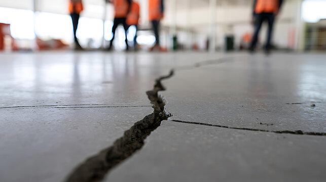 Large crack in industrial concrete floor with construction workers in the blurry background, representing structural damage and foundation issue
