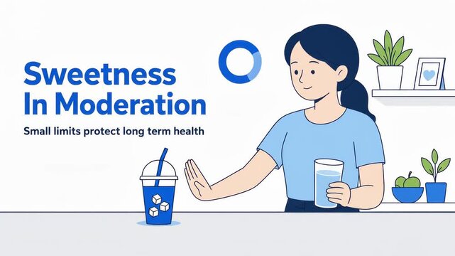 Animation of woman refusing sugary drink for glass of water