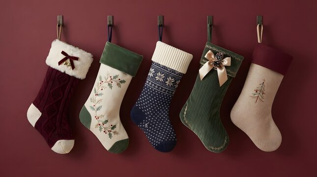 A festive display of handcrafted christmas stockings hanging with holiday cheer and warmth
