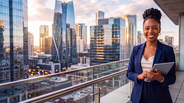 Confident, Young, smiling, good looking, black, African-American businesswoman holding tablet on an urban balcony with modern glass skyscraper in sunlight, corporate banner background and professional