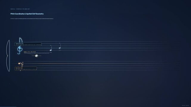Educational animation of comprehensive music theory concepts featuring spatial clef geometry piano keyboard diagrams harmonic phase alignment and the circle of fifths on a digital UI