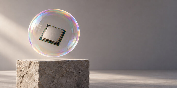 Processor floating in a soap bubble above a stone pedestal