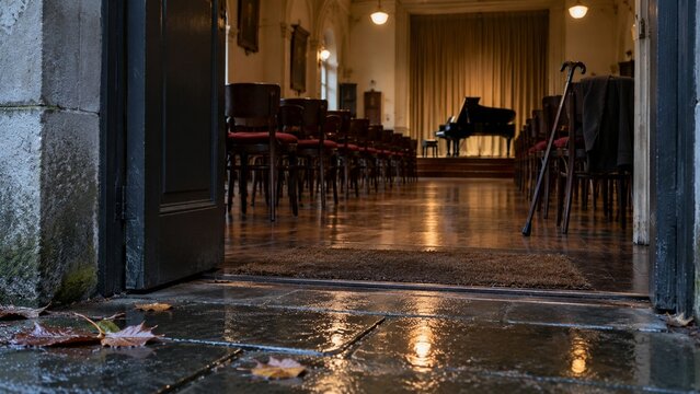 An open doorway reveals a room with rows of wooden chairs, a black grand piano in the background, and a walking cane leaning against a chair