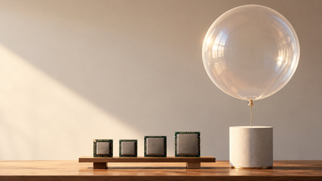 Large transparent balloon beside processors on a wooden shelf