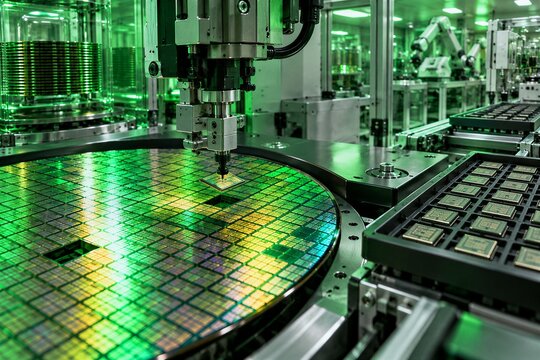 Semiconductor wafer during microchip packaging, with silicon dies extracted by a robotic pick and place machine in a factory.