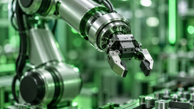 Industrial Robotic Arm with a Precision Gripper, an Articulated Manipulator for Automated Manufacturing in a Smart Factory, featuring a Metallic Gray Finish and Green Tones.