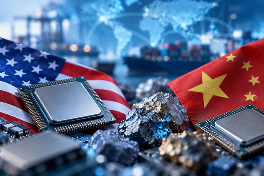 Rare earth minerals and CPUs on US and China flags, symbolizing semiconductor restrictions and strategic resource competition.