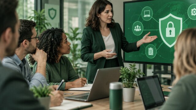 Focused cybersecurity training session for a dedicated small business team in a modern office, enhancing digital protection and compliance.