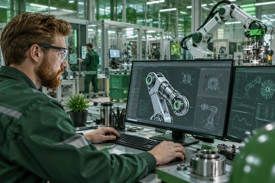 Engineer programming CAD software on desktop computer, visualizing 3D robotic arm model in an automated factory setting.