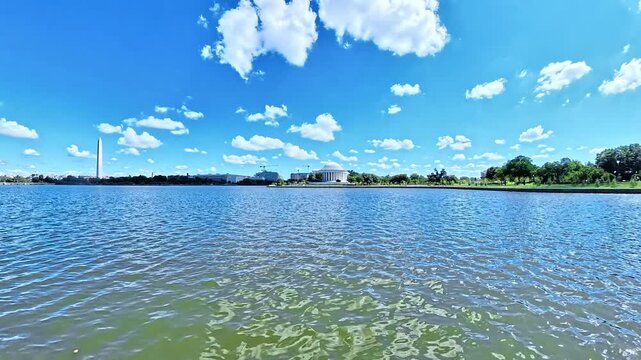 Washington waterfront timelapse frames Jefferson Memorial beyond water and a shaded shoreline.