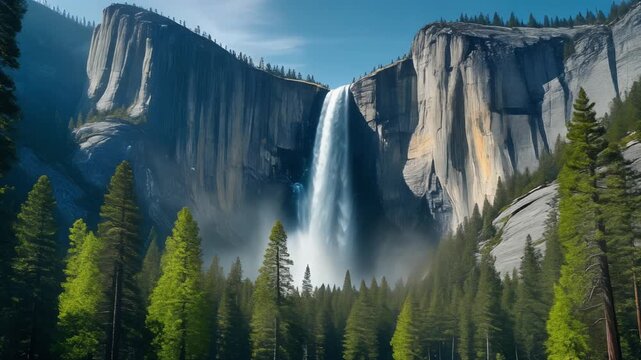 Yosemite falls flowing down massive granite cliffs in mountain valley