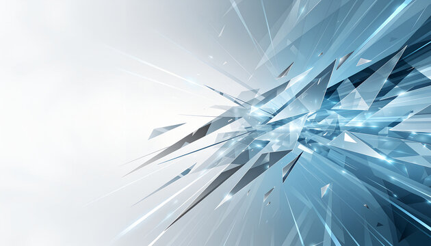 Dynamic angular planes in ice blue, white, and silver bursting outward with light flares &ndash; Metaphor for business growth, crystal structure and digital breakthrough
