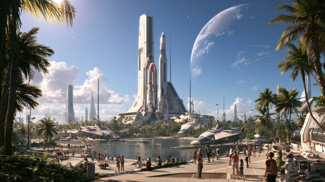 A busy space tourism terminal hosts diverse tourists checking in as multiple spacecraft are prepared for departure in a futuristic setting.