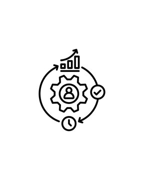 Productivity management icon, gear with user, clock, check mark and growth chart, time efficiency concept