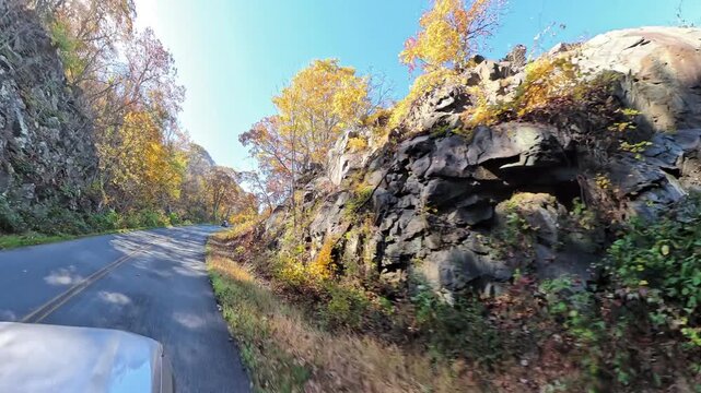 mountain road curves beside autumn trees and distant ridges in Shenandoah.
