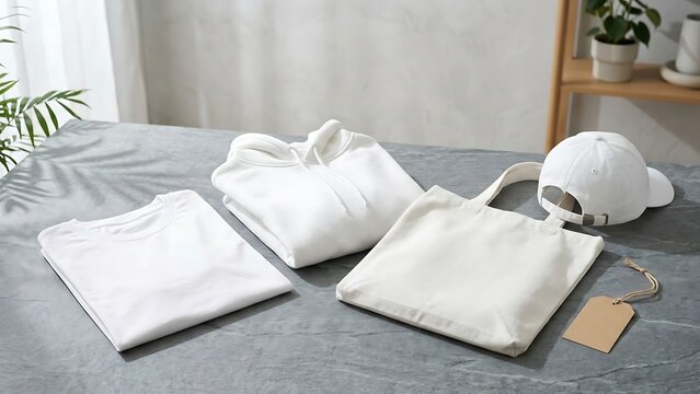 Set of blank white apparel including folded t-shirt, hoodie, canvas tote bag, and baseball cap with a brown paper tag on a gray stone surface, ideal for fashion branding and merchandise mockups.