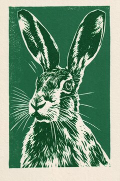 Easter hare lino cut illustration in green ink on textured paper background