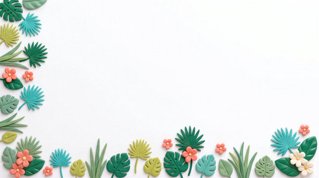 Clay Tropical Monstera and Palm Leaf Border with Coral Flowers Along the Bottom and Left Edge for Summer Travel Banner and Resort Spa Header