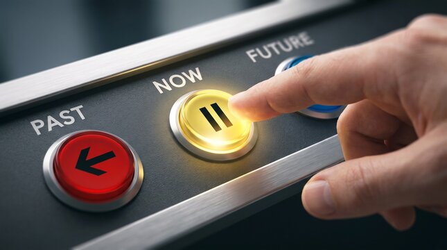 Man pushing glowing pause button for now concept