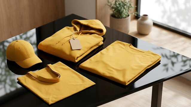 Mustard Yellow Apparel Branding Mockup Featuring Folded Hoodie with Blank Price Tag, T-shirt, Baseball Cap, and Tote Bag on a Reflective Black Table in a Minimalist Modern Studio Interior Setting