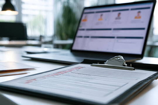 HR and management concepts. Employees need to fill out the online survey and complete the test questions. Checklists are marked on clipboards. The HR manager is reviewing employee profiles on a laptop