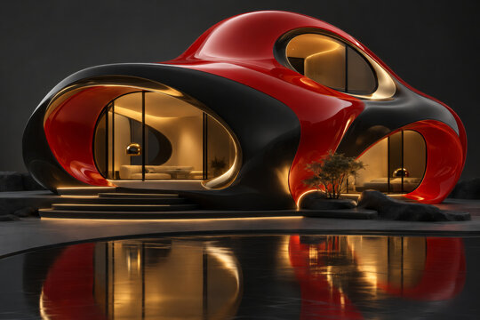 Sleek futuristic red-black organic villa with glossy curves, warm golden interiors, steps, rocks, and a mirror-like pool