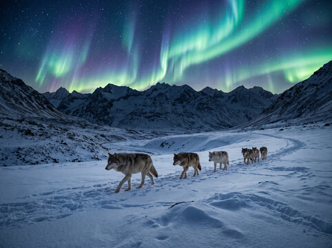 A pack of wolves walks across a snowy landscape under the vibrant green aurora borealis.