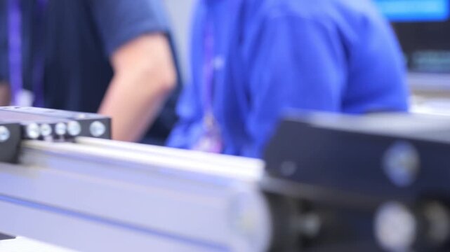 Close-up of mechanical components on a rail system. Blurred people in blue shirts work behind. Industrial equipment setup in a workshop or factory. Focus on precision machinery details