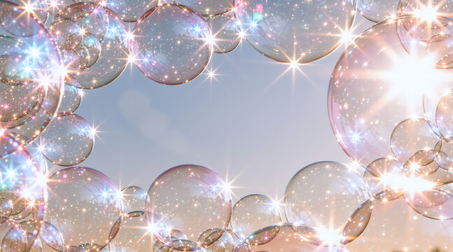 Iridescent soap bubbles arranged as a border over soft backdrop. Cleansing foam and cosmetic skincare hydration concept