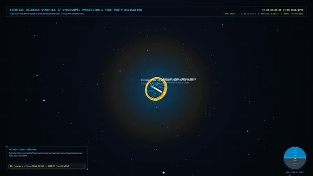 educational animation explaining inertial guidance dynamics with gyroscopic precession and true north navigation featuring a 3D gyroscope model with vector arrows and mathematical formulas