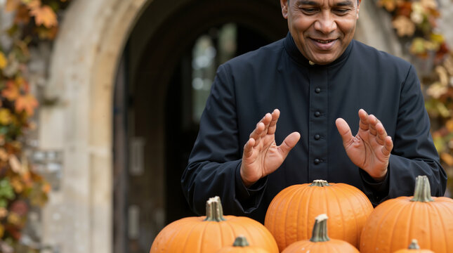 Priest smiling and gesturing over orange pumpkins in front of a church. Christian minister celebrating autumn harvest festival outdoors. Thanksgiving and blessing concept