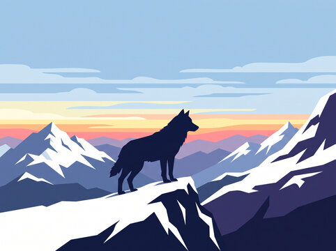 A silhouette of a wolf stands on a snowy mountain peak against a colorful sunset sky.