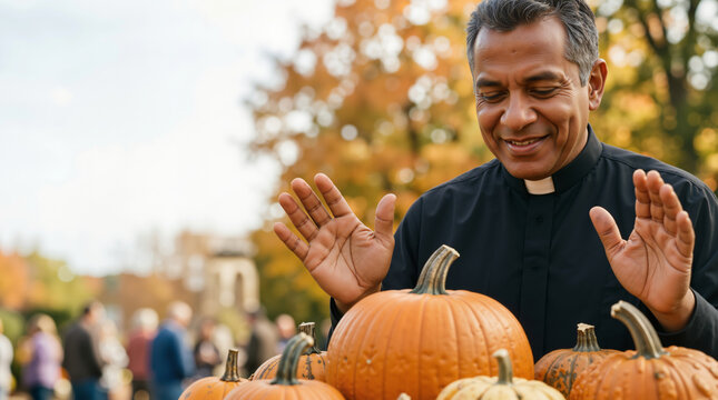 Smiling priest standing behind pumpkins at autumn harvest festival. Catholic pastor in clerical collar gesturing outdoor church community event. Fall season thanksgiving celebration