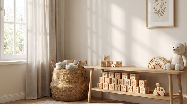 Charming minimalist nursery interior featuring natural wooden toys, a wicker basket, and abcd blocks on a shelf
