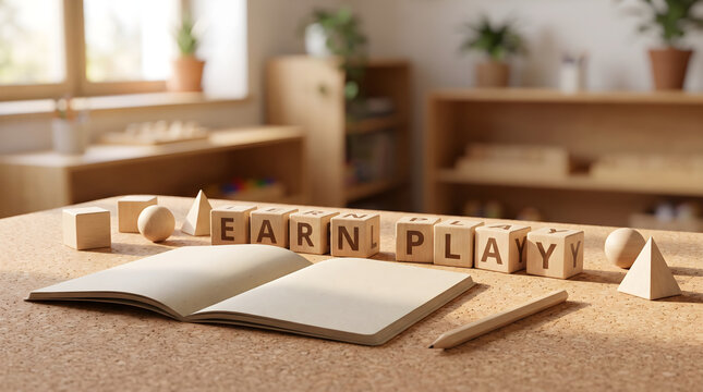 Educational abcd blocks arranged on a wooden desk with an open notebook, pencil and geometric shapes inside.