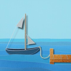 Fototapeta premium 小さな桟橋に係留された帆船の切り絵風イラスト